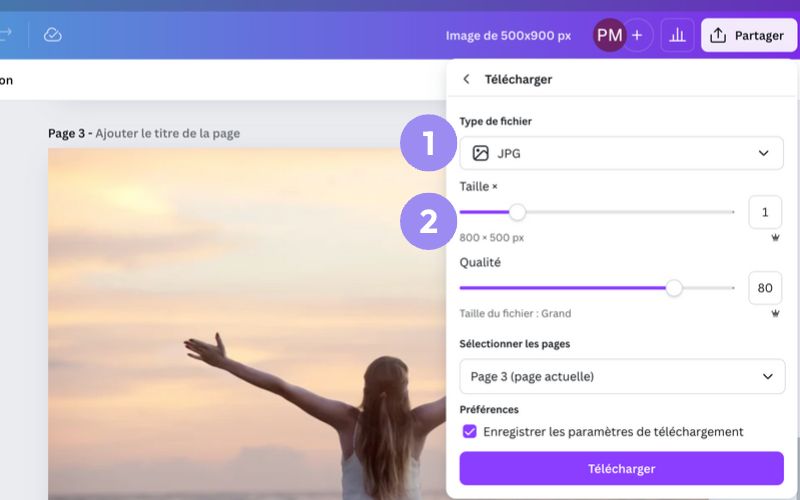 Image illustrant comment télécharger l'image au bon format dans Canva